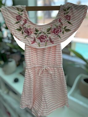 btween Pink and White Striped Ruffle Girl Summer Romper Size 10